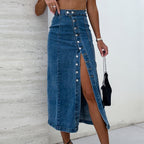 Damen Jeansrock mit seitlichem Schlitz und Knopfleiste Sovae
