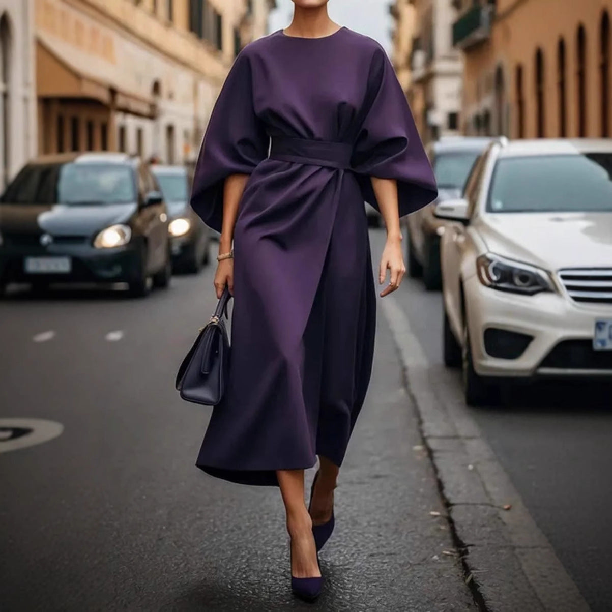 Damen Elegantes Maxikleid mit Befestigungsband und weitem Ärmel Sovae
