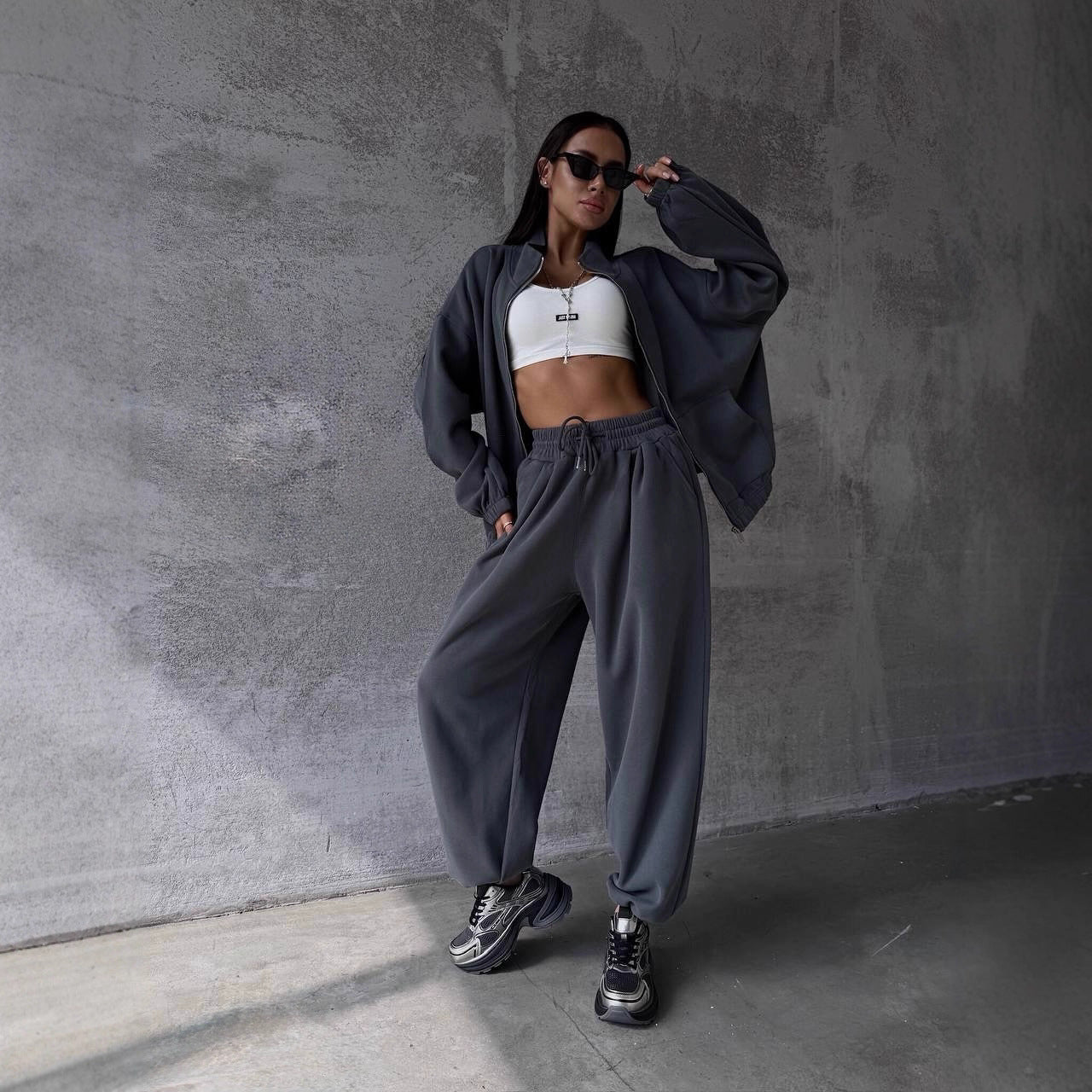 Damen Oversized lässiger Sportanzug mit Reißverschluss und elastischer Taille Sovae