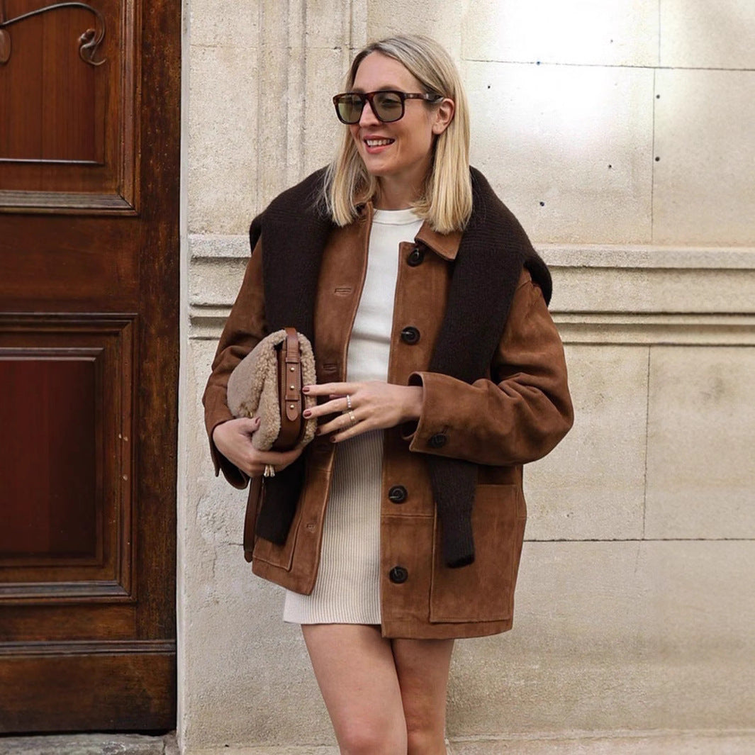 Damen elegante und bequeme Kunstlederjacke mit Taschen Sovae