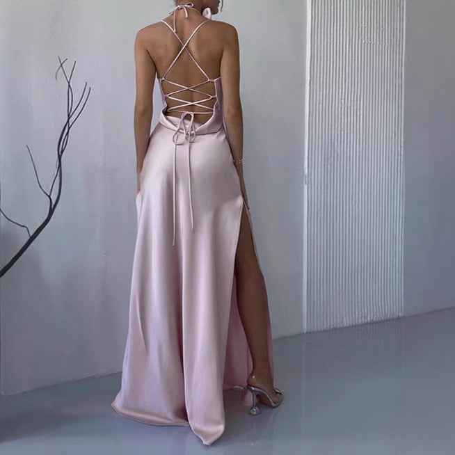 Damen Elegantes Bodenkotan Maxi-Kleid mit schmalen Spaghetti-Trägern und tiefem Ausschnitt Sovae