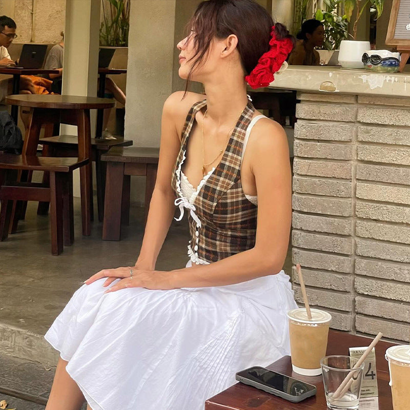 Damen Modisches Karo-Top mit Spitzenakzenten Sovae