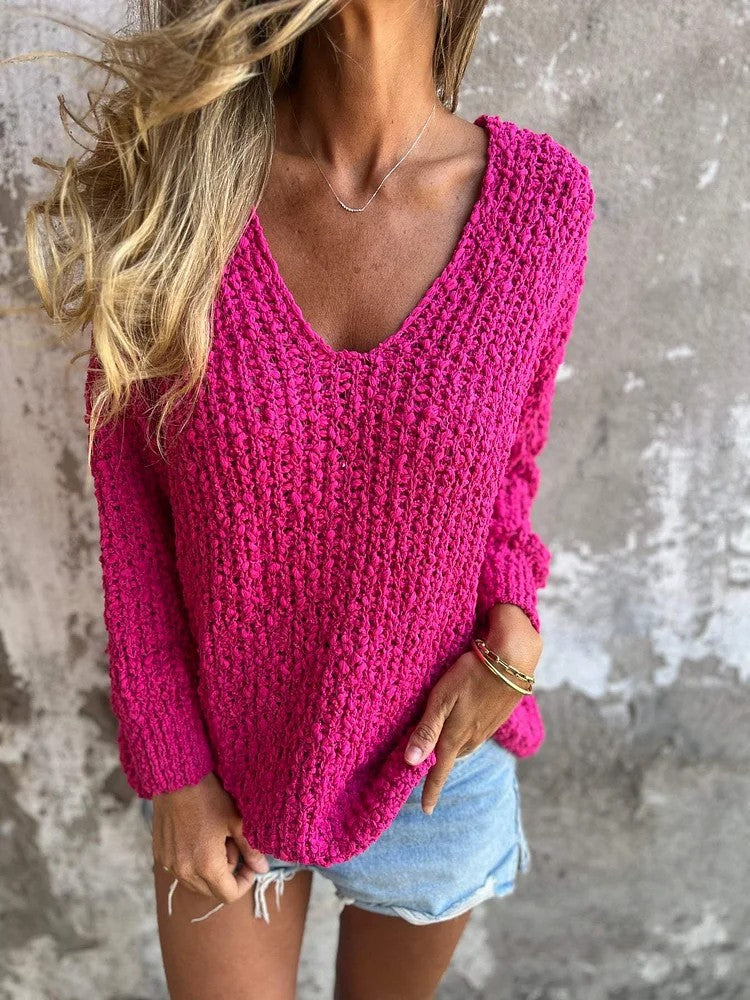 Damen lässiger Viskose-Strickpullover mit V-Ausschnitt Sovae