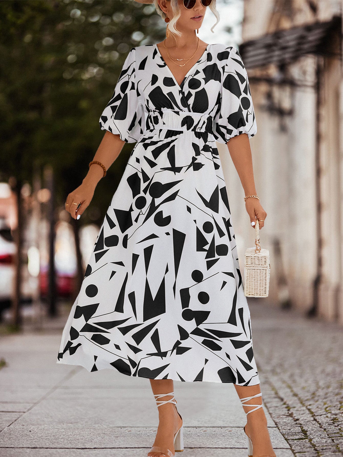 Damen Midikleid mit geometrischem Muster und elastischem Bund Sovae