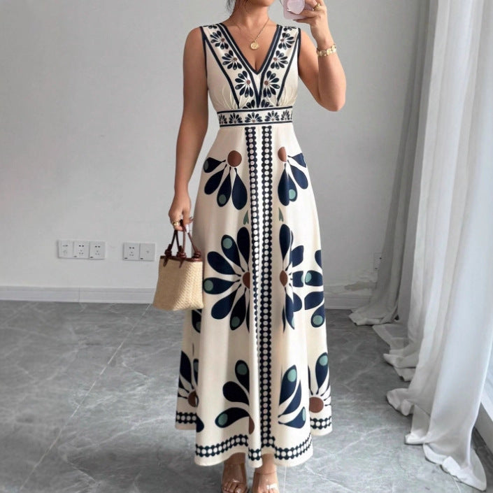 Damen Maxikleid mit voluminösem Blumenmuster und tiefem V-Ausschnitt Sovae