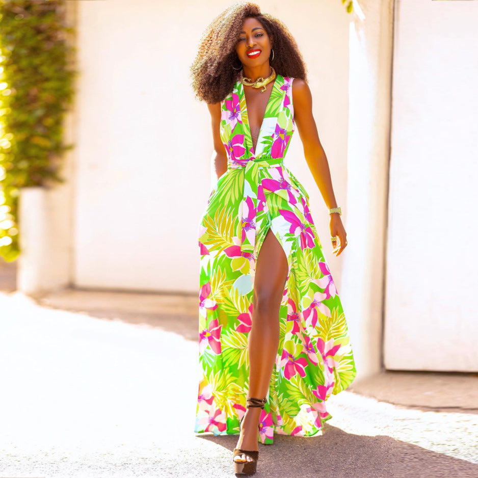 Damen Maxi-Kleid mit tiefer V-Ausschnitt und floralem Muster Sovae