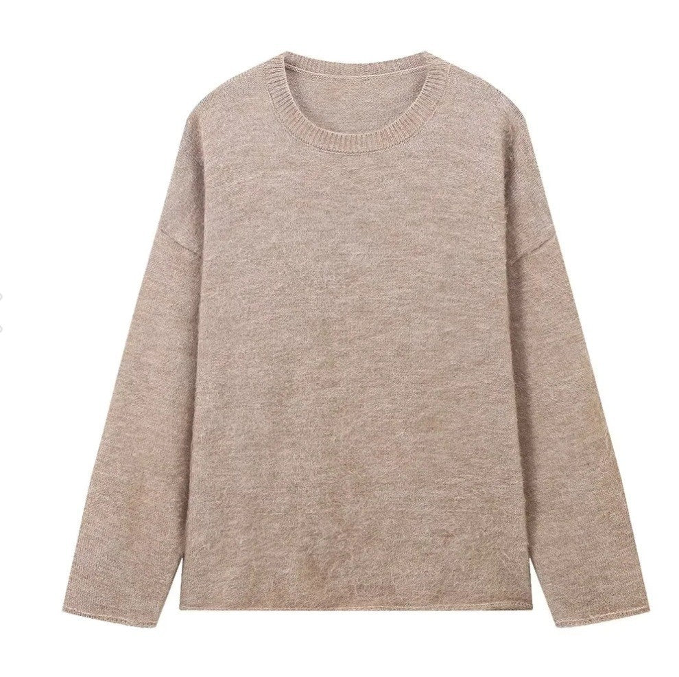 Damen gestrickter Pullover mit Rundhalsausschnitt und weiten Ärmeln Sovae