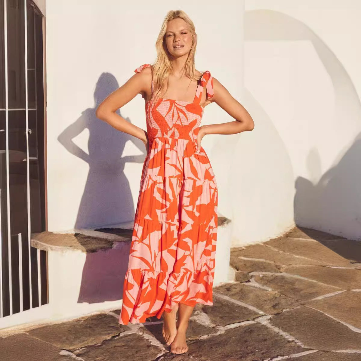 Damen luftiges Maxikleid mit Spaghettiträgern und Rüschendetails Sovae