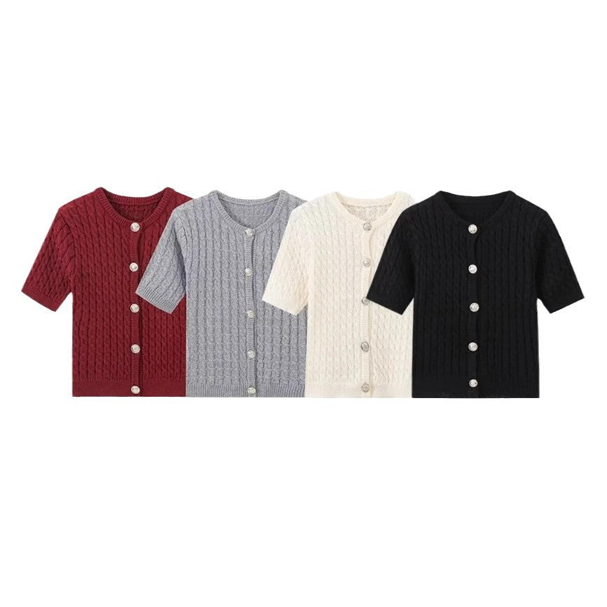 Damen Kurzarm-Strickjacke mit strukturiertem Muster und Knopfdetails Sovae