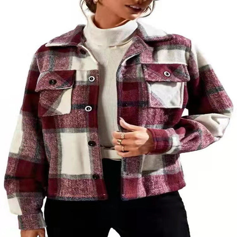 Damen karierte Kurzjacke mit Taschen und Knopfverschluss Sovae