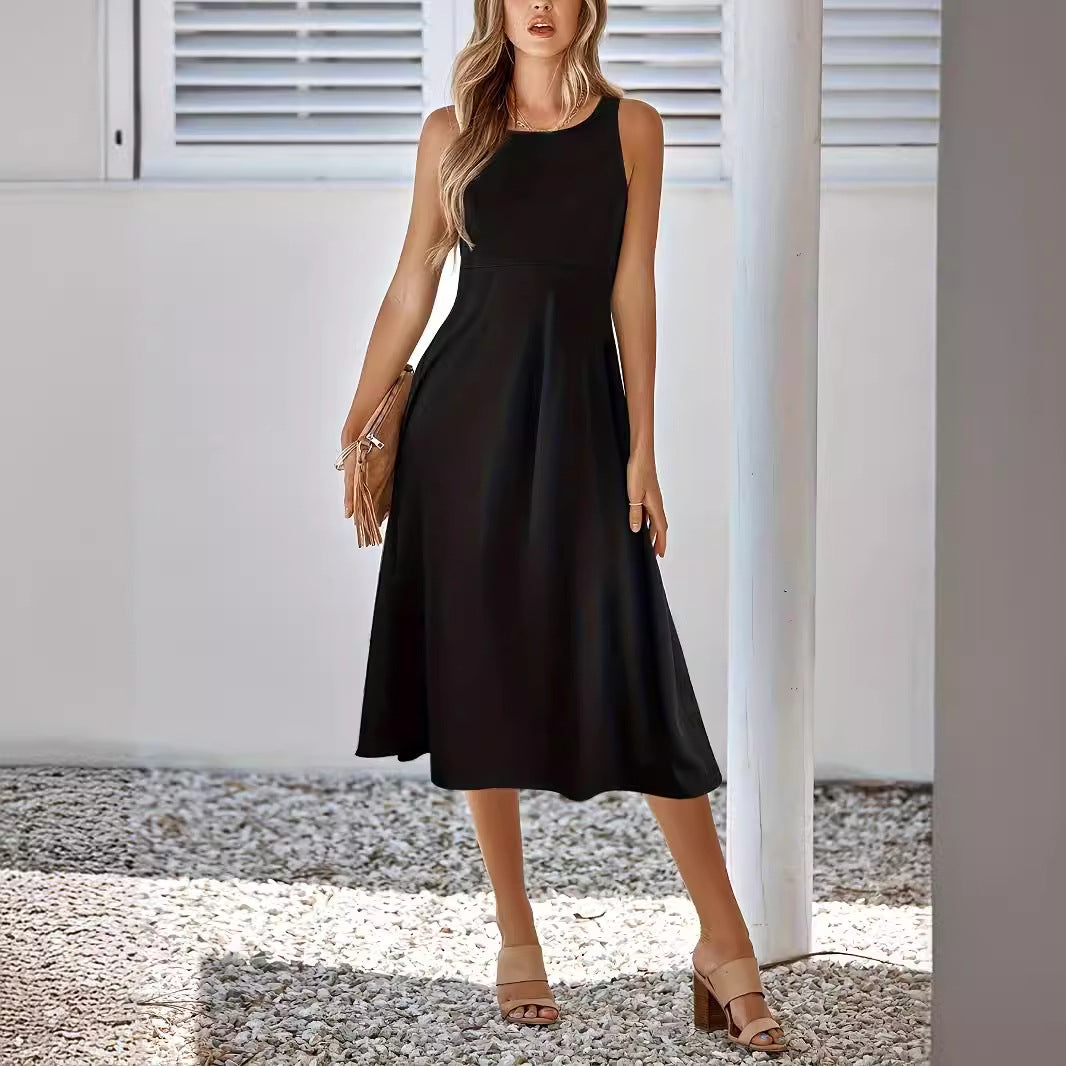 Damen klassisches Midikleid mit A-Linie und elegantem Rundhalsausschnitt Sovae