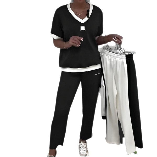 Damen sportliches Set mit elegantem V-Ausschnitt und seitlichen Kontraststreifen Sovae