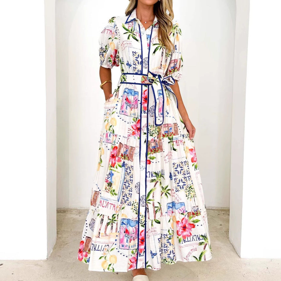 Damen Maxi-Kleid mit fröhlichem Blumen- und Postkarten-Design Sovae