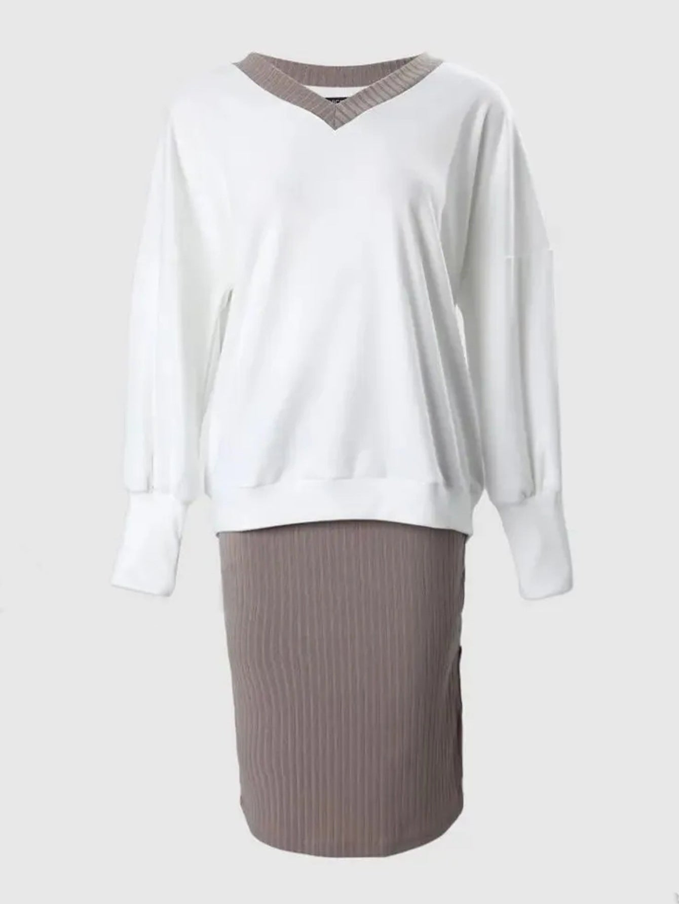 Damen lässiger Pullover mit V-Ausschnitt und eleganter Bleistiftrock Sovae