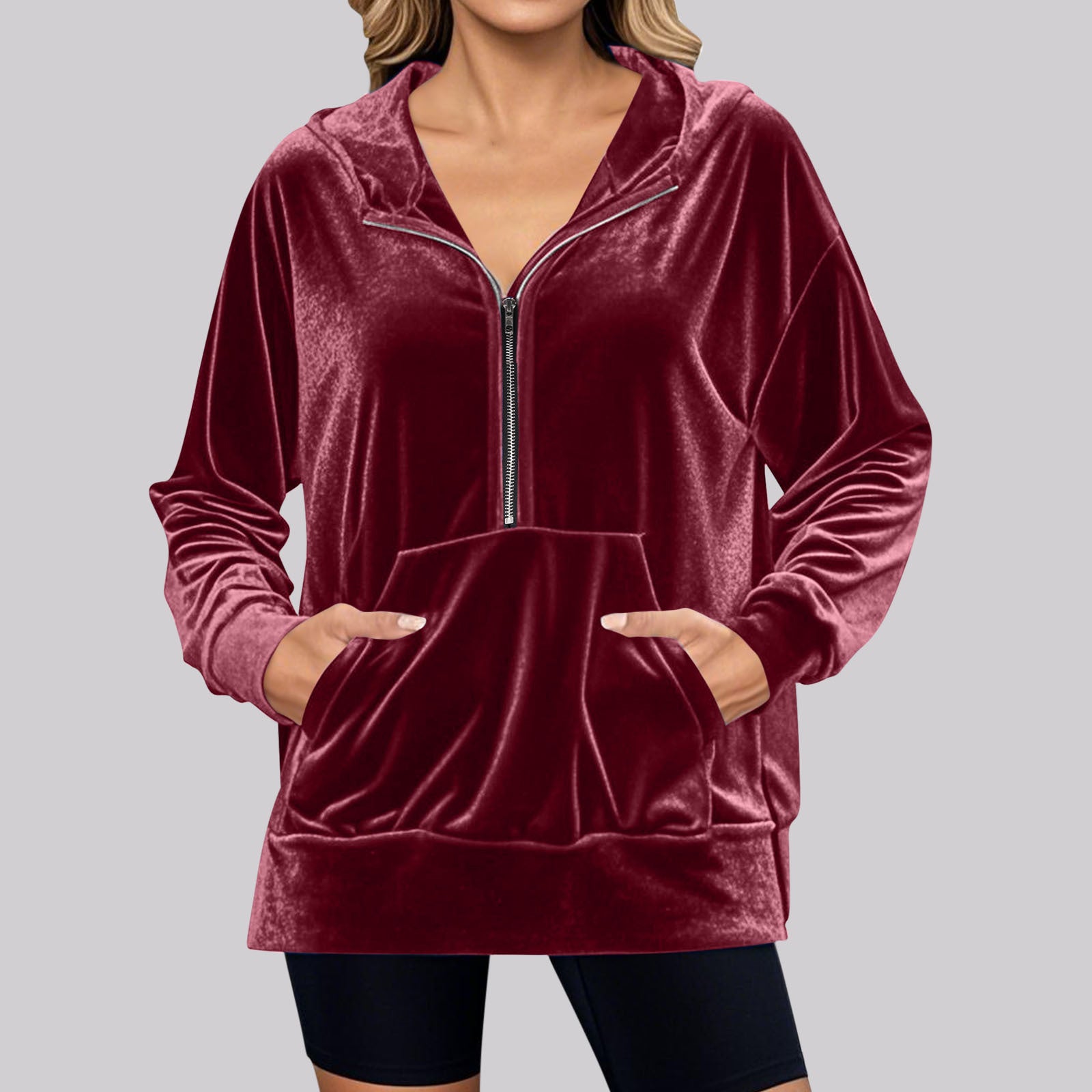 Damen Lässiger Velvet Hoodie mit praktischem Reißverschluss und Kängurutasche Sovae