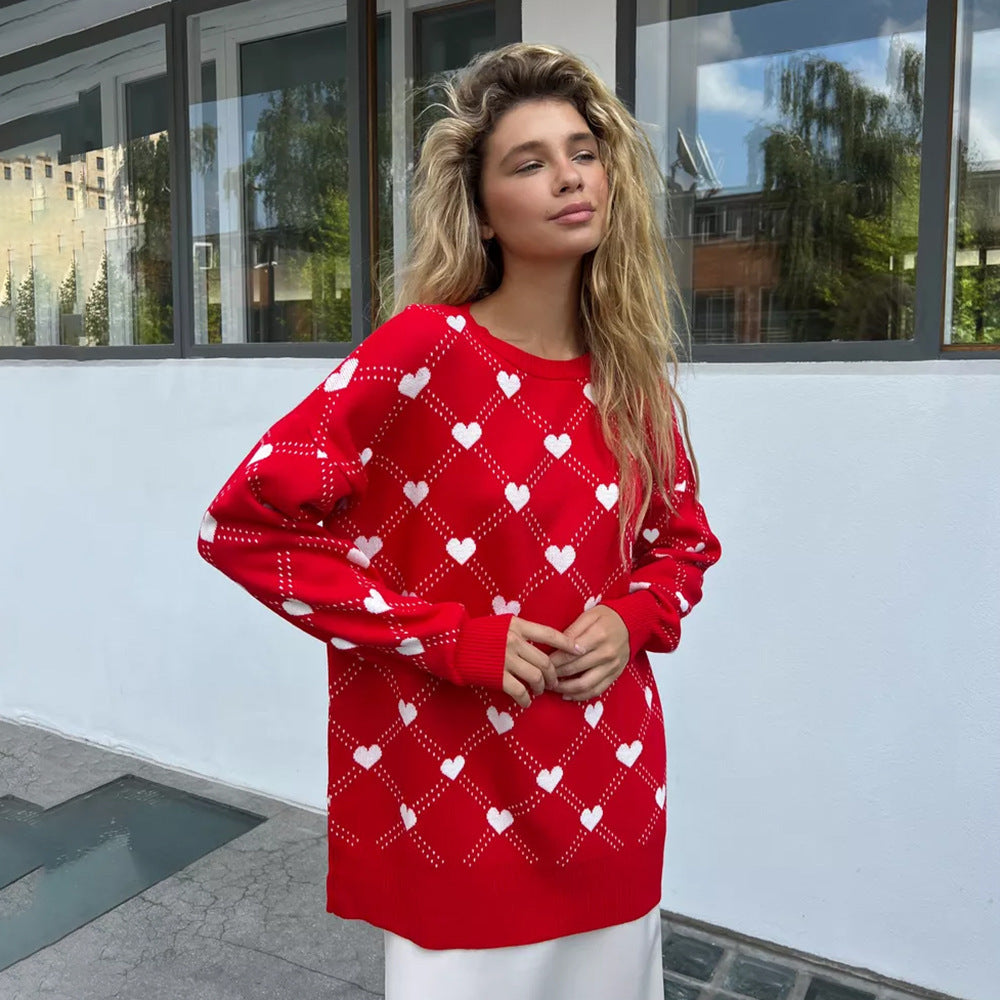 Damen Gemusterter Strickpullover mit Herzmotiv und lässigem Schnitt Sovae