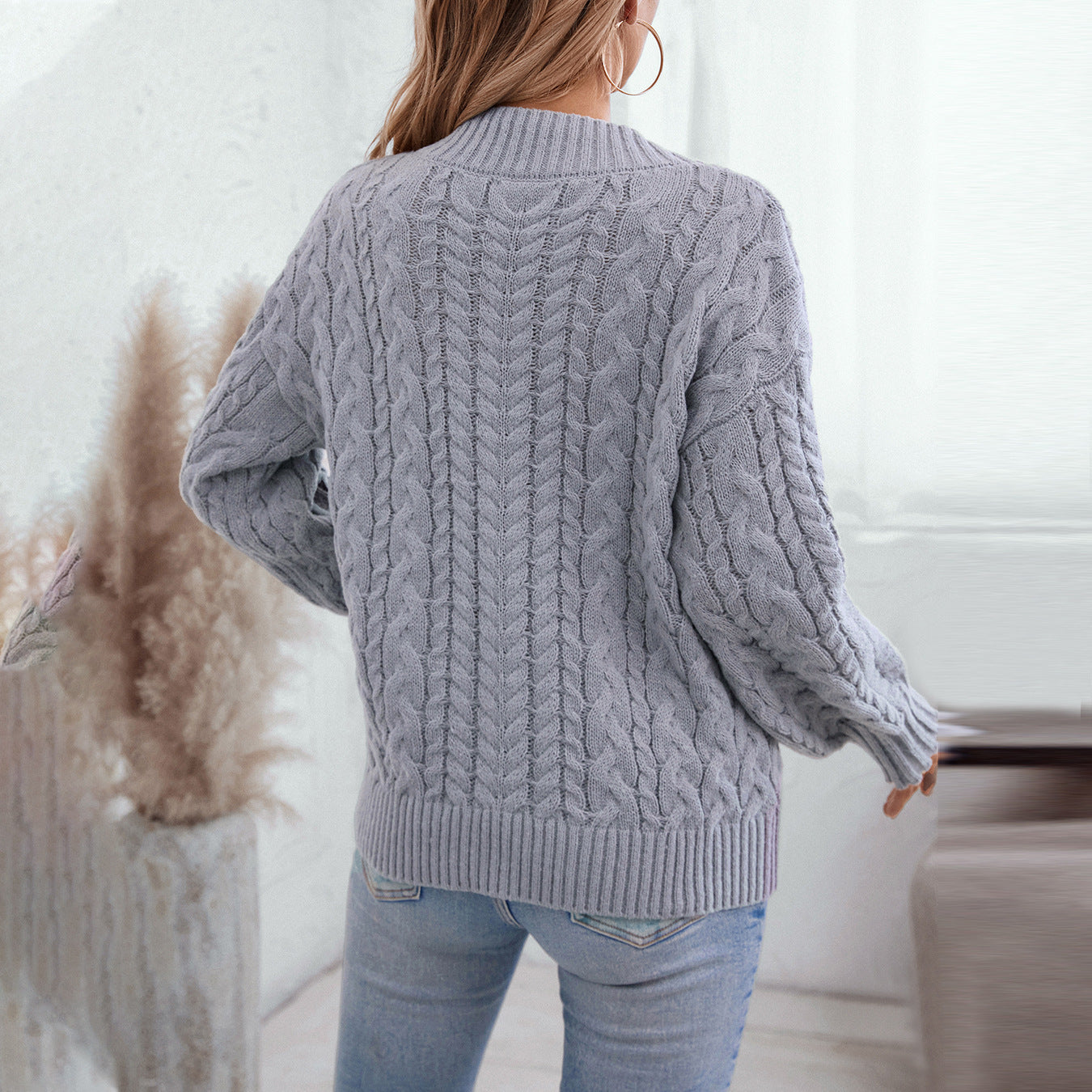 Damen Grobstrickpullover mit V-Ausschnitt und Zopfmuster Sovae