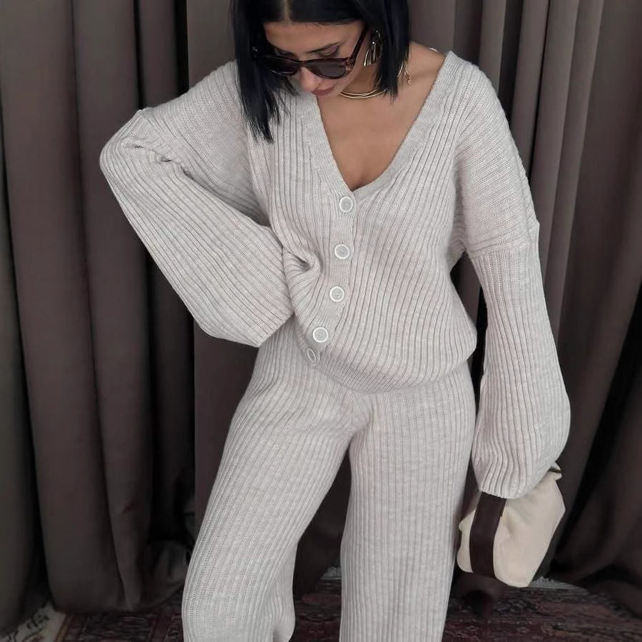 Damen lässiges Strick-Loungewear-Set mit Knopfleiste und weitem Schnitt Sovae