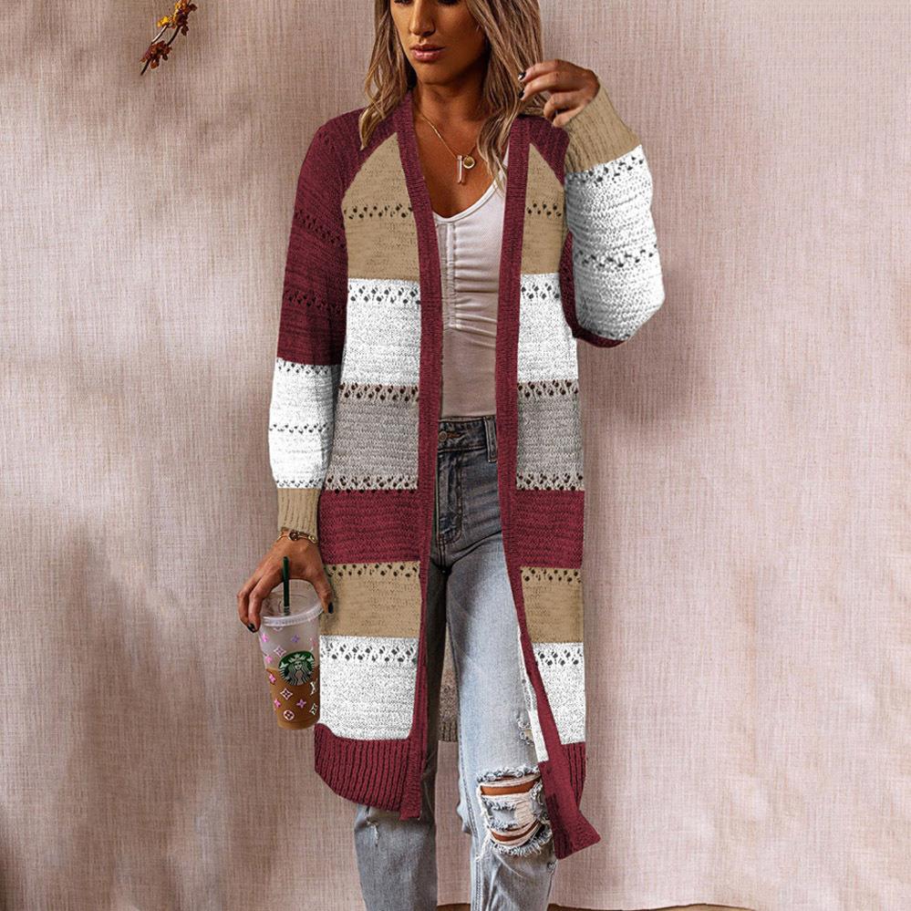 Damen Strickjacke im Retro-Patchwork-Stil mit langen Ärmeln und offenen Front Sovae