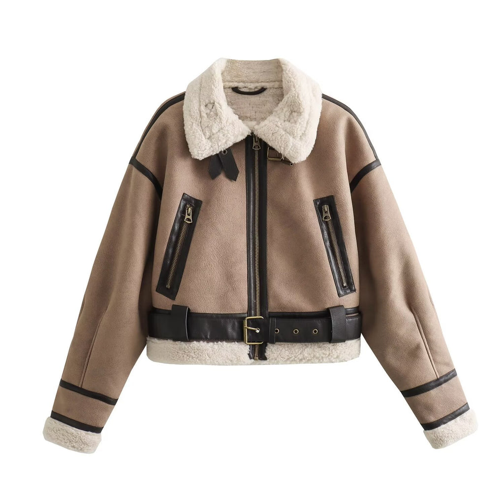 Damen bequeme und stylische Kurzjacke mit Kunstfellkragen und Reißverschlusstaschen Sovae