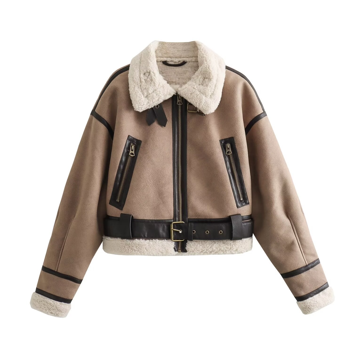 Damen bequeme und stylische Kurzjacke mit Kunstfellkragen und Reißverschlusstaschen Sovae