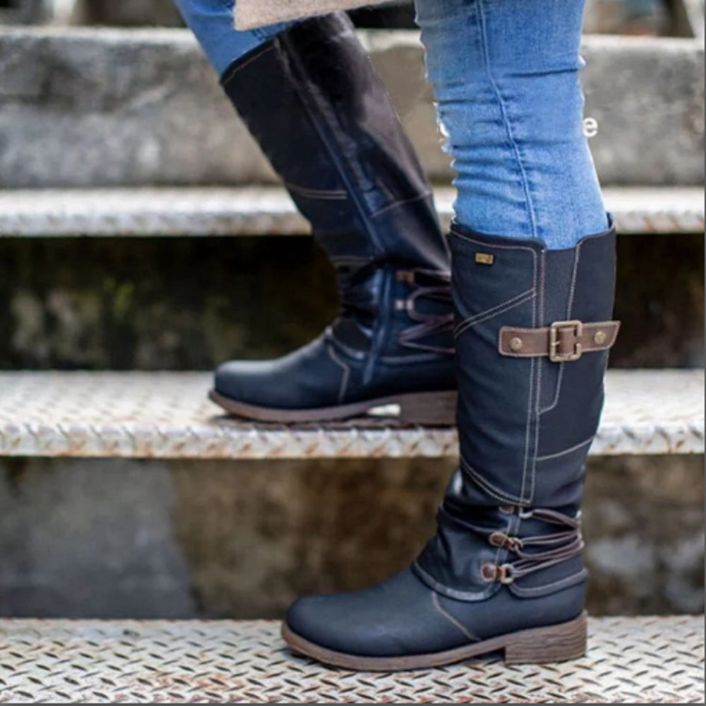 Damen Lederstiefel mit dekorativem Riemen und praktischem Schnürdesign Sovae
