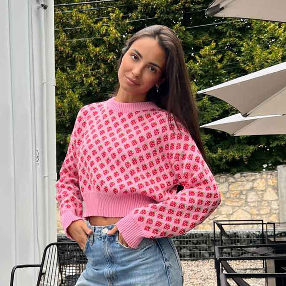 Damen Gestreifter Cropped Pullover mit floralem Muster Sovae