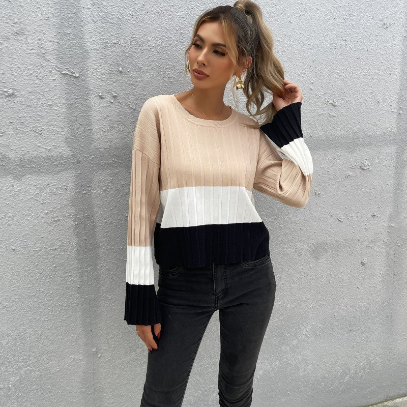 Damen Strickpullover mit modischem Blockstreifen-Design und weiten Ärmeln Sovae