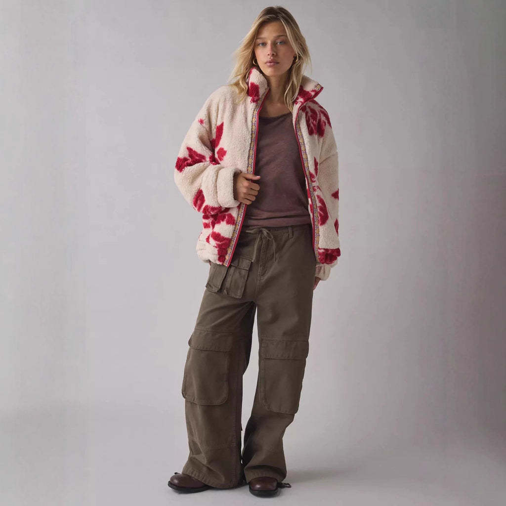 Damen Teddy-Fleece-Jacke mit floralem Muster und höherem Kragen Sovae
