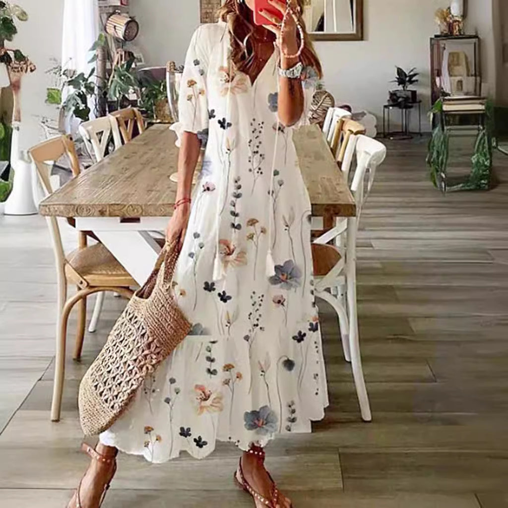 Damen Maxikleid mit floralen Stickereien und elegantem V-Ausschnitt Sovae
