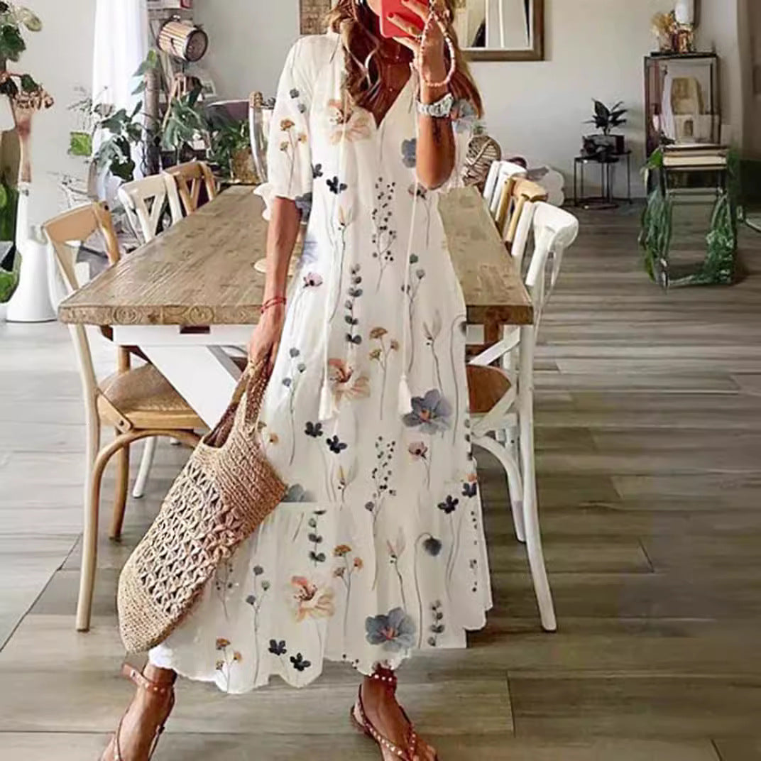 Damen Maxikleid mit floralen Stickereien und elegantem V-Ausschnitt Sovae