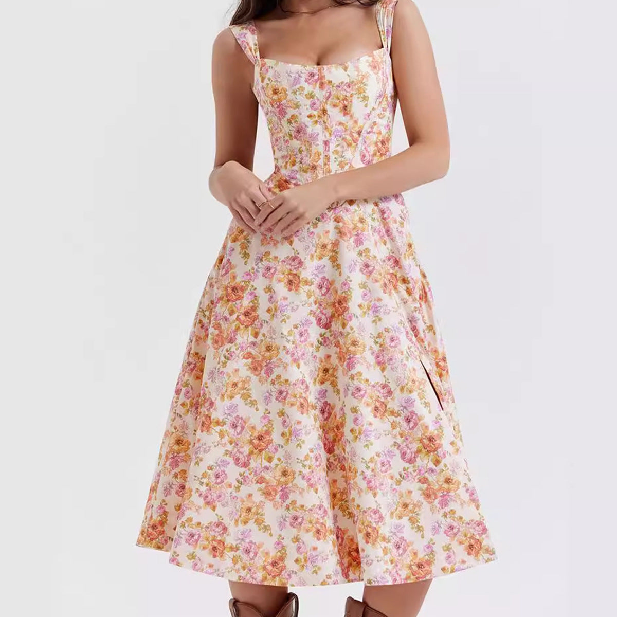 Damen schulterfreies Midikleid mit floralem Design und Eingrifftaschen Sovae