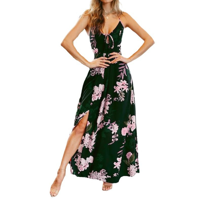 Damen Elegantes Floral-Maxikleid mit tiefem V-Ausschnitt und hohem Schlitz Sovae