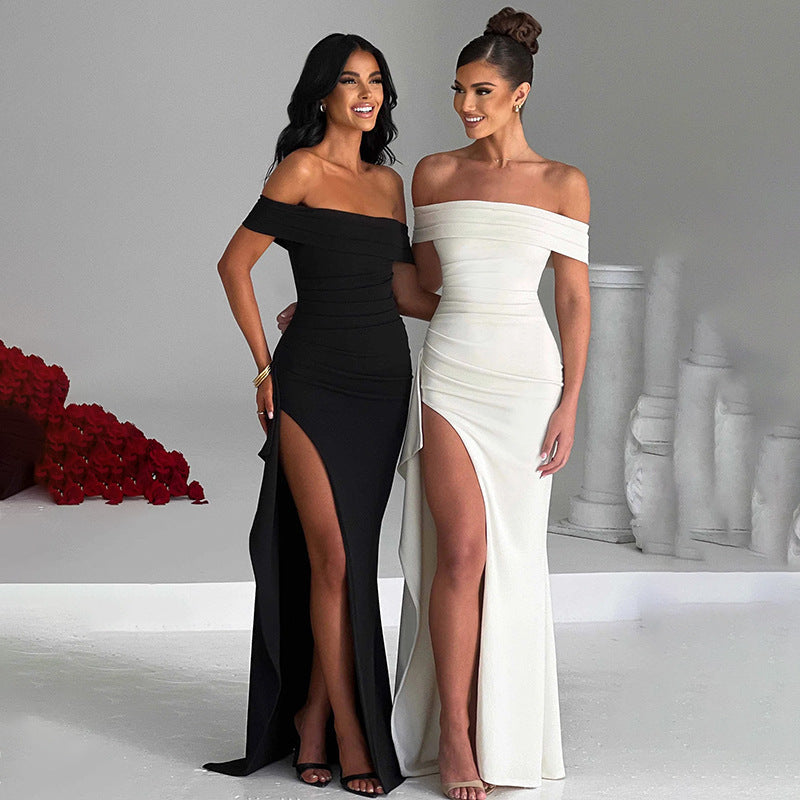 Damen Off-Shoulder Maxikleid mit hohem Schlitz und raffinierten Drapierungen Sovae