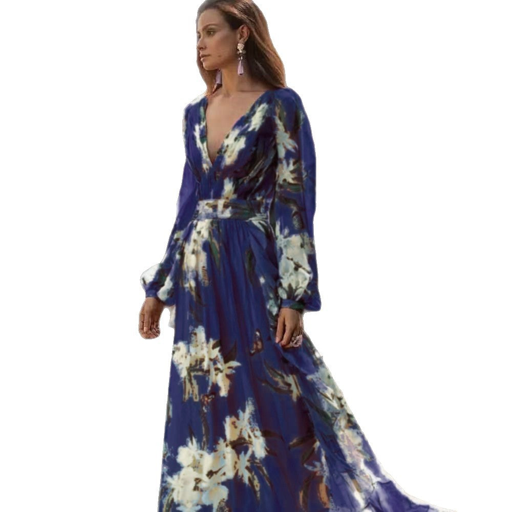 Damen Elegantes Maxikleid mit floralen Applikationen und V-Ausschnitt Sovae