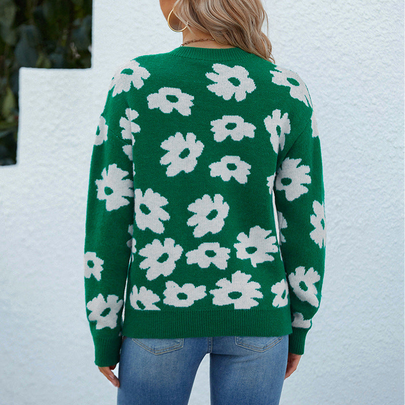 Damen Strickpullover mit floralem Muster und lockerem Schnitt Sovae
