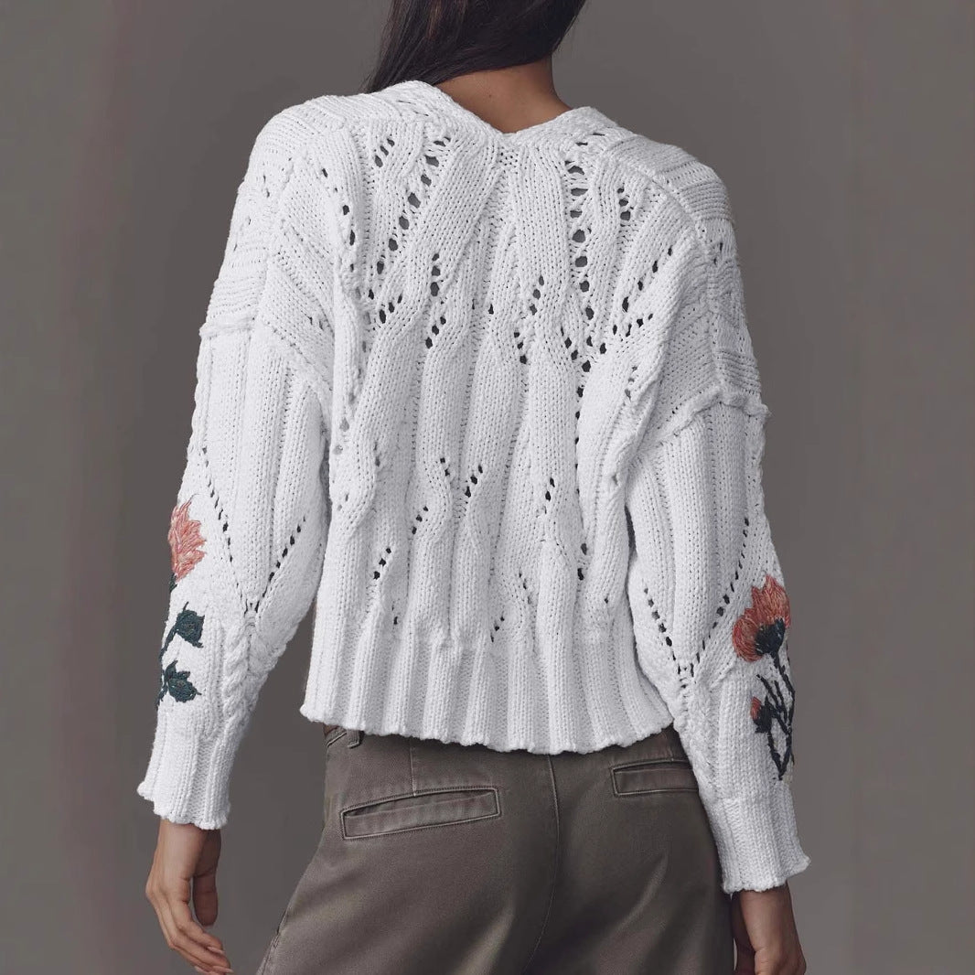 Damen Strickpullover mit floralem Design und V-Ausschnitt Sovae