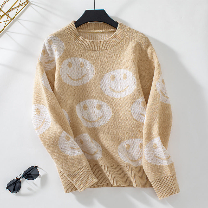Damen lässiger Pullover mit fröhlichem Smiley-Muster Sovae
