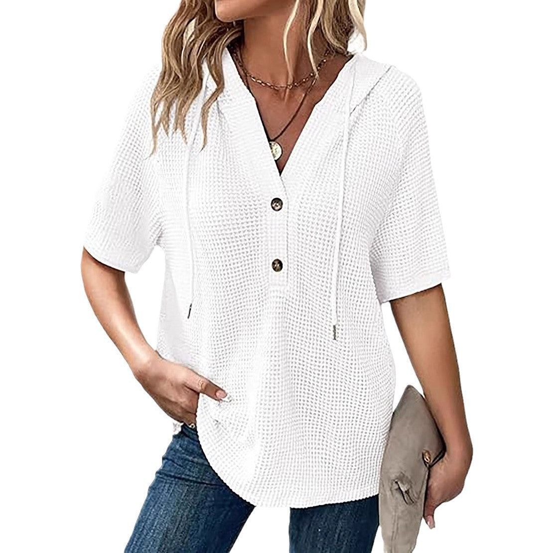 Damen lässiges Waffle-Hoodie mit Knopfleiste Sovae