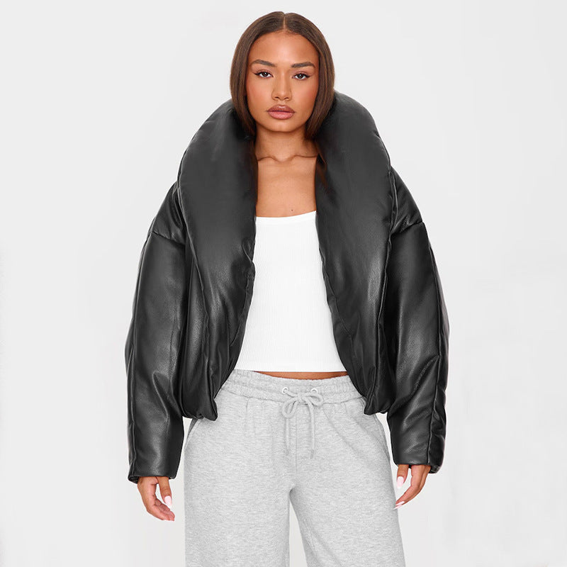 Damen Modische und lässige Kunstlederjacke mit oversized Kragen Sovae