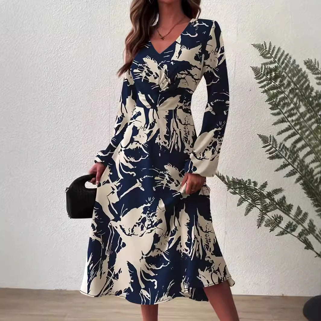 Damen Midi-Kleid mit floralen Details und schickem V-Ausschnitt Sovae