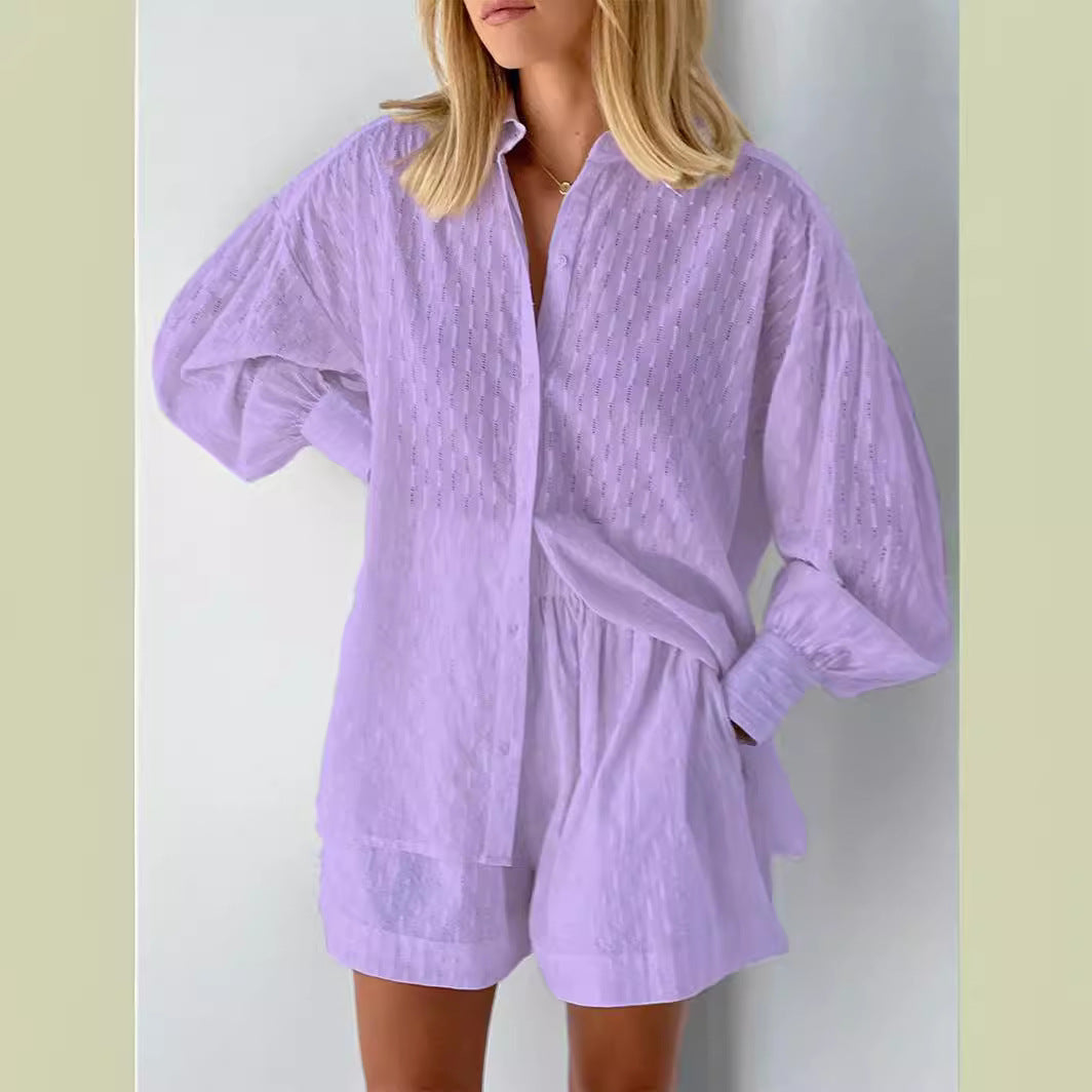 Damen lässiges Set mit strukturiertem Hemd und Shorts Sovae
