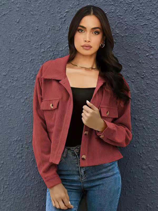 Damen elegante Cordjacke mit praktischen Taschen und modischem Kragen Sovae