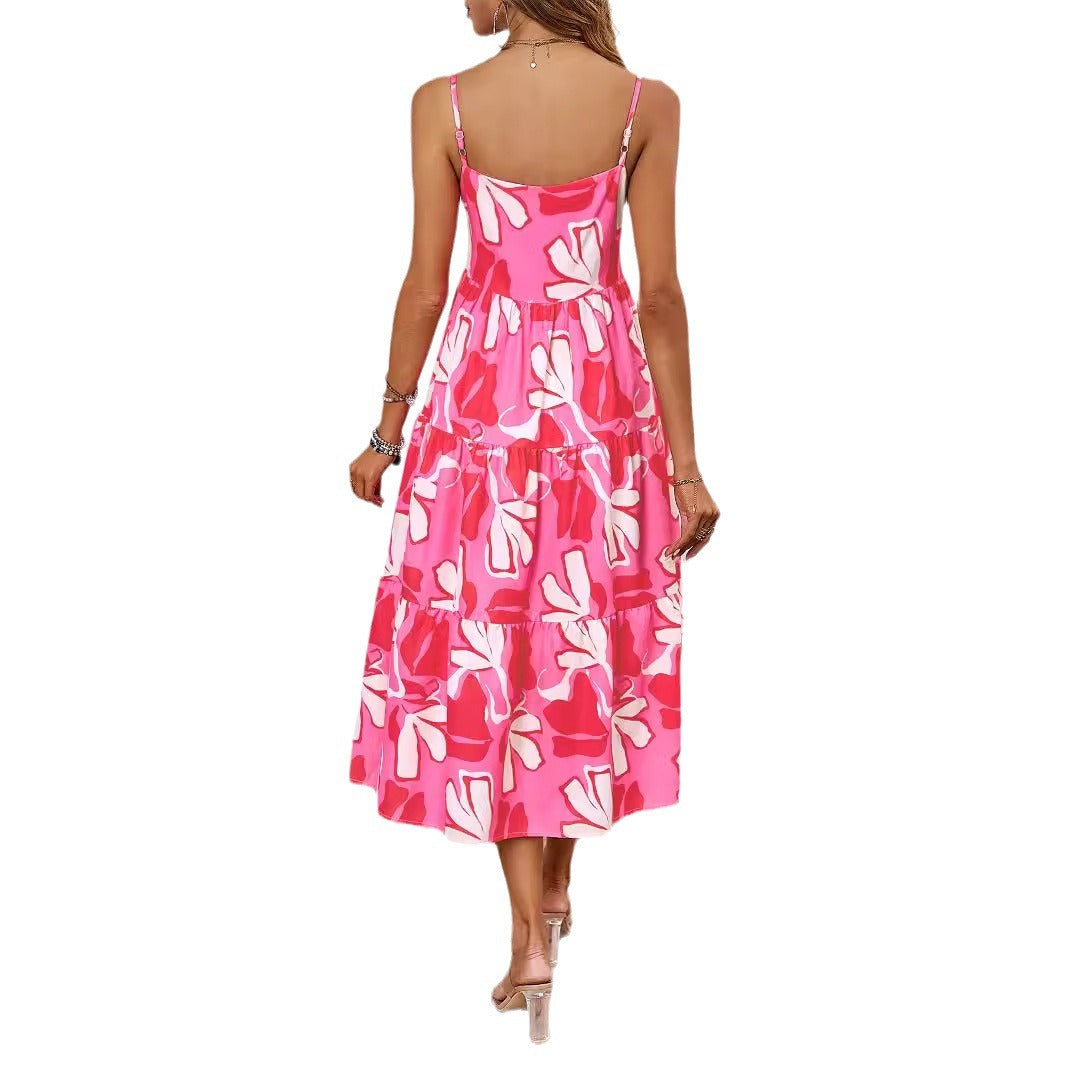Damen luftiges Midi-Kleid mit floralem Musterdruck und Rüschensaum Sovae
