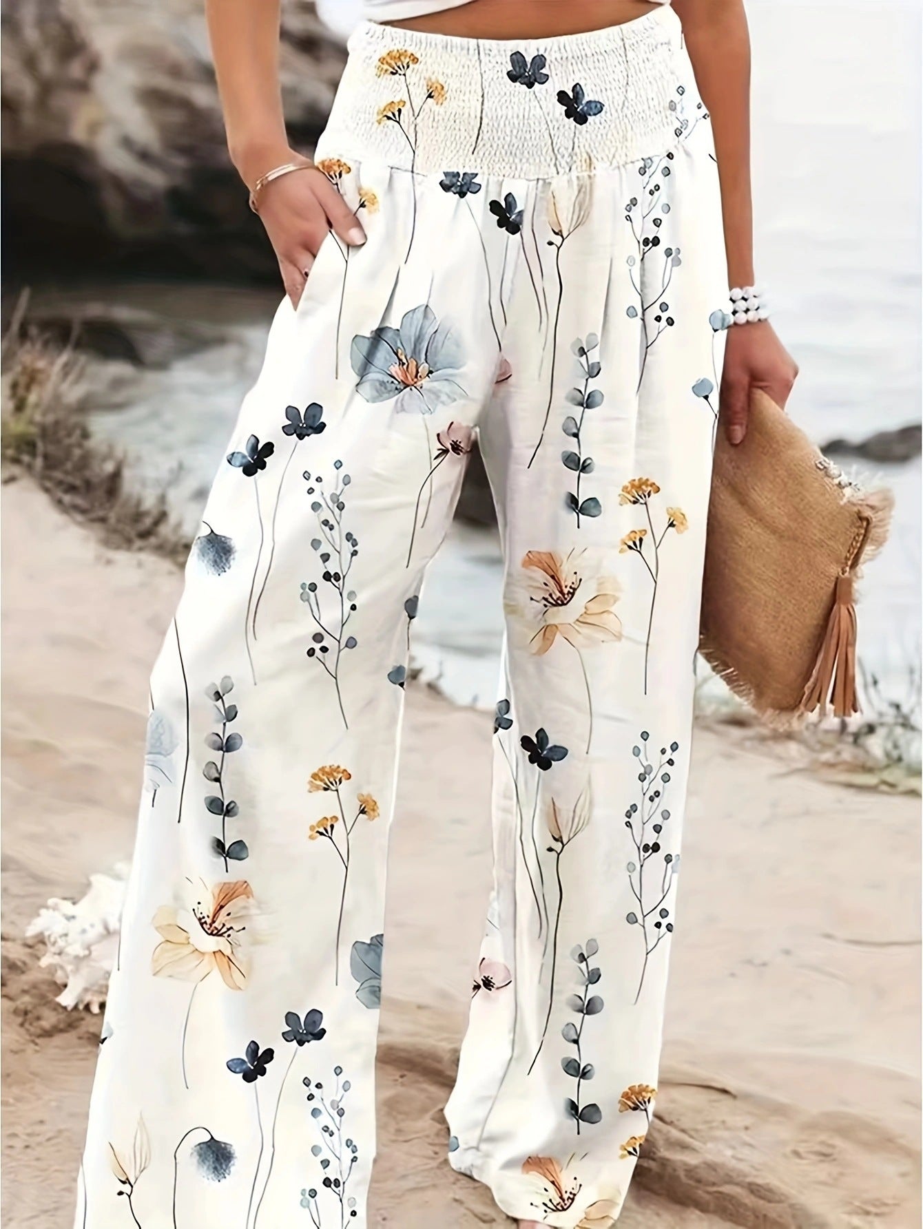 Damen Weit geschnittene Sommerhose mit floralem Print und elastischem Bund Sovae