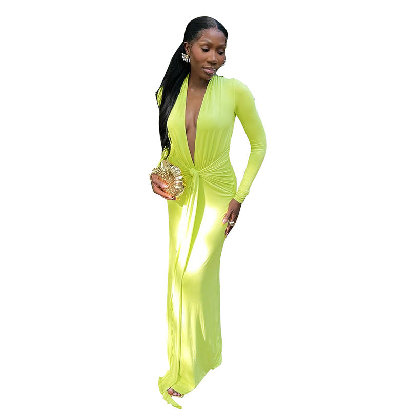 Damen elegantes Wickelkleid mit tiefem V-Ausschnitt und Knotted Detail Sovae