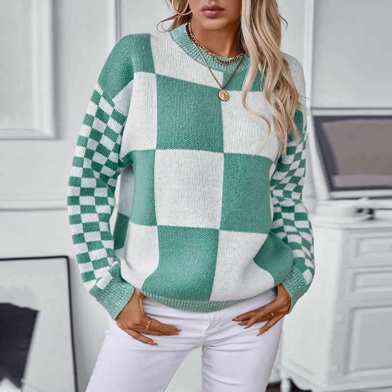 Damen modischer Pullover mit Karomuster und lässigem Schnitt Sovae
