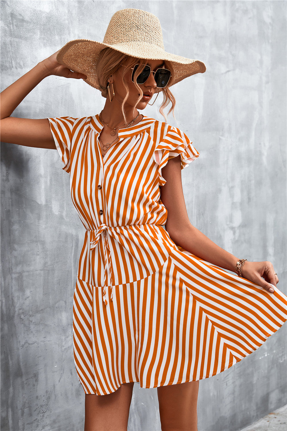 Damen Kurzarm-Kleid im angesagten Streifenlook mit Taillenzug und eleganten Rüschendetails Sovae