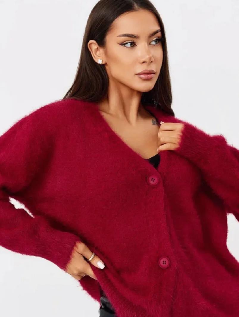 Damen kuschelige Strickjacke mit weichem Mohair-Mix und eleganter Knopfleiste