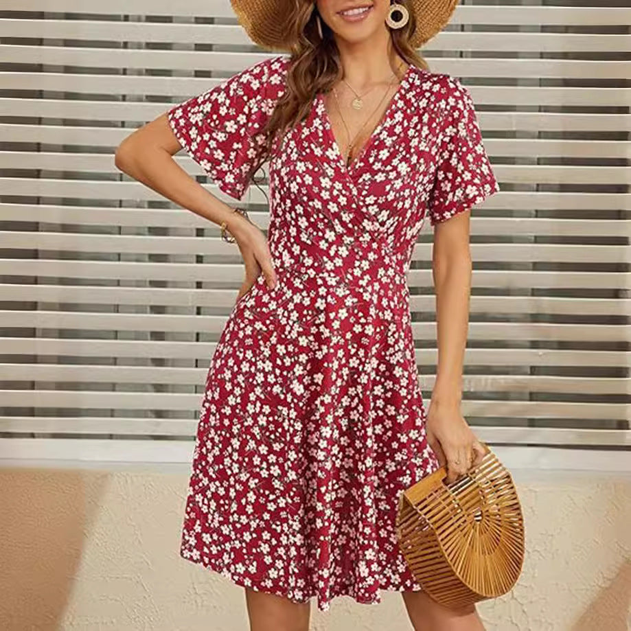 Damen florales Midikleid mit V-Ausschnitt und weit schwingendem Rock Sovae
